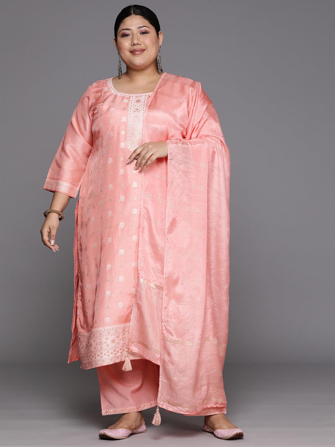 Plus Size Peach Woven Design Silk Blend Straight Suit Set - Libas 