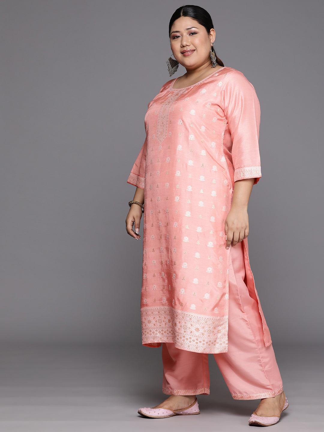 Plus Size Peach Woven Design Silk Blend Straight Suit Set - Libas 