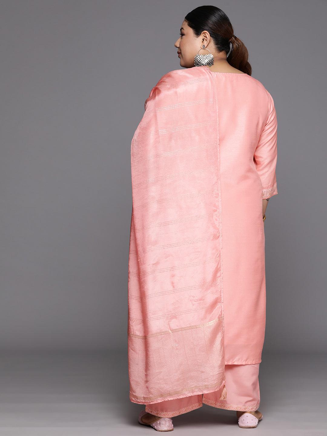 Plus Size Peach Woven Design Silk Blend Straight Suit Set - Libas 