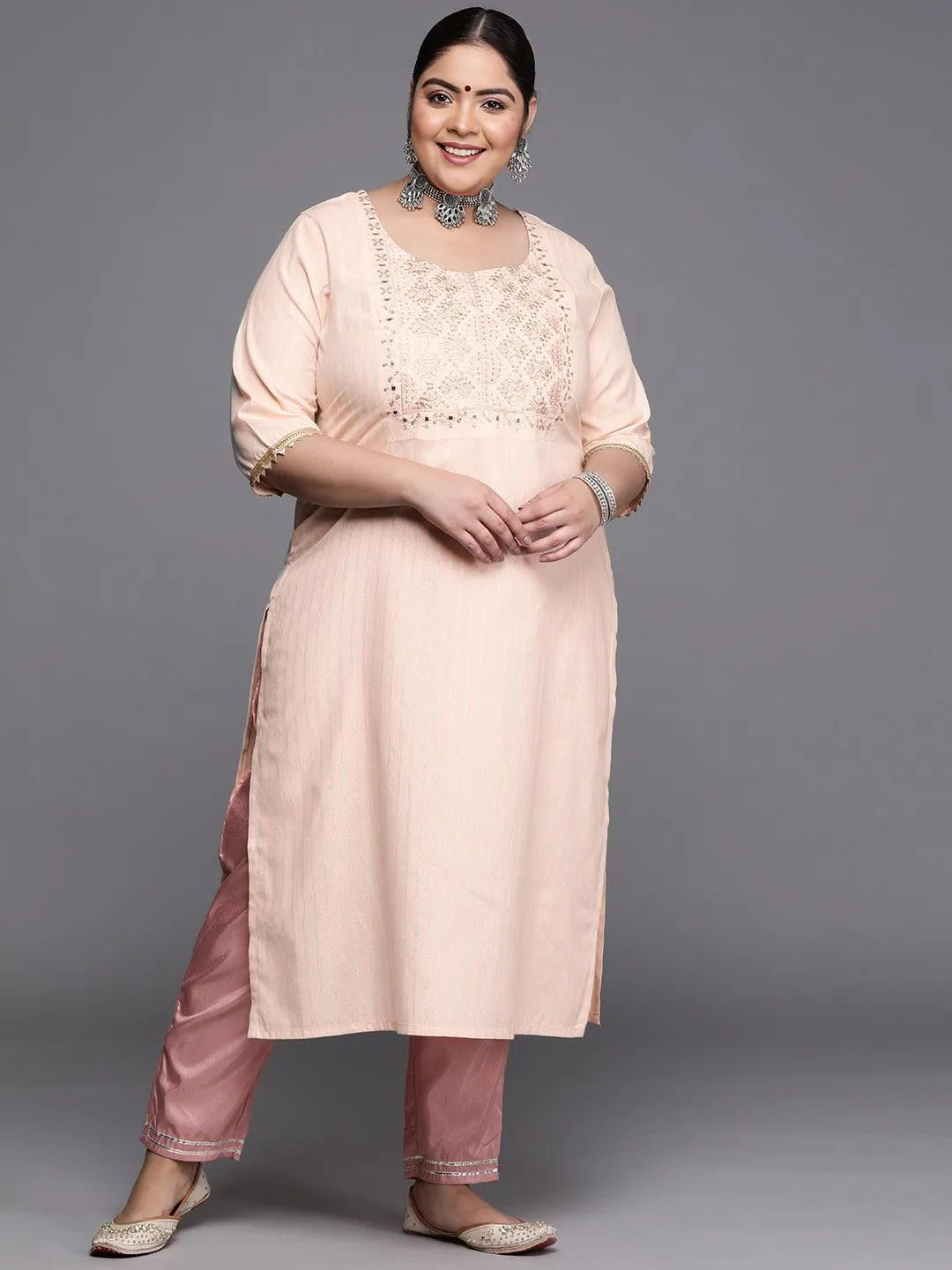 Plus Size Peach Yoke Design Cotton Silk Kurta - Libas