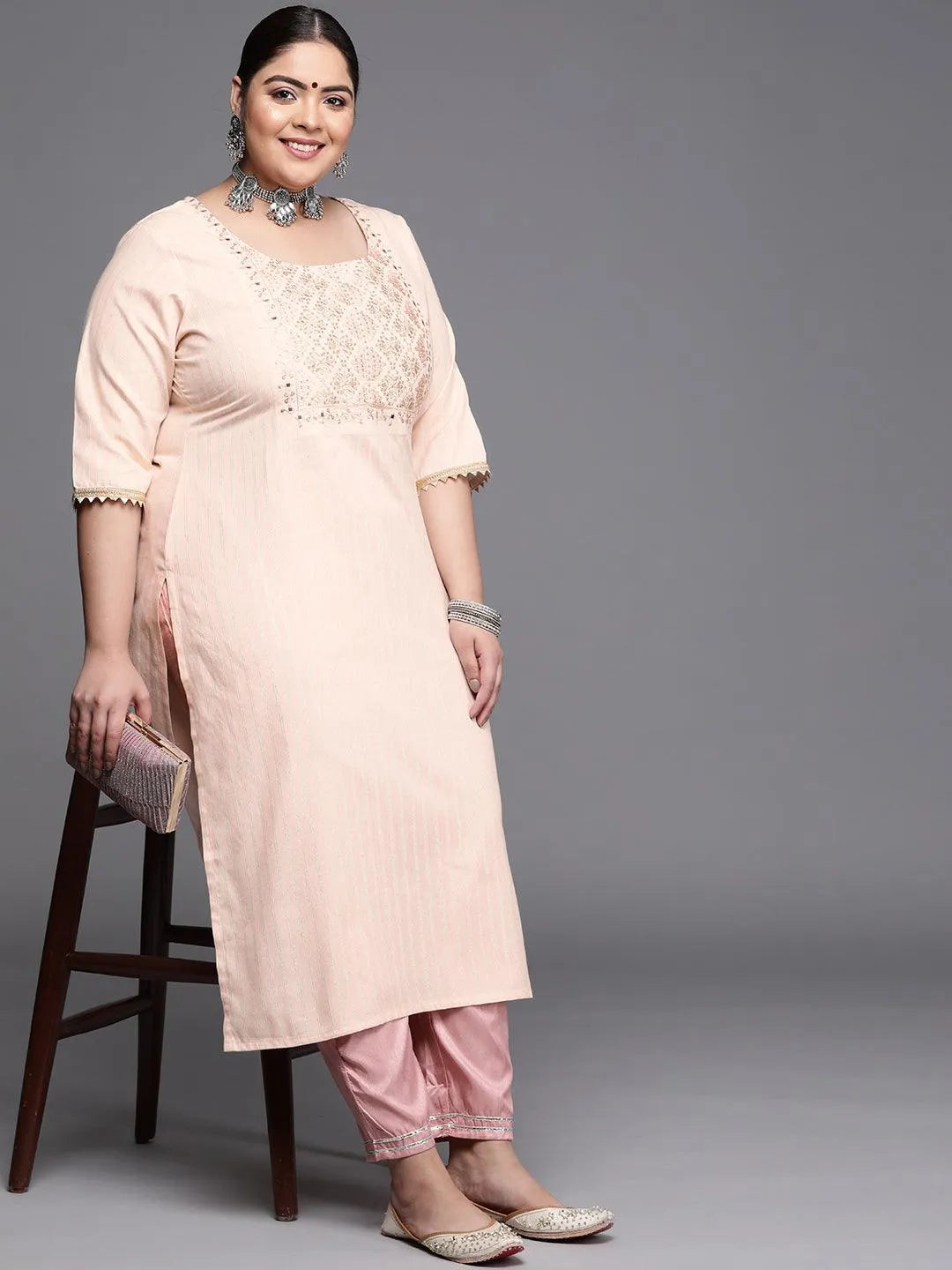 Plus Size Peach Yoke Design Cotton Silk Kurta - Libas 