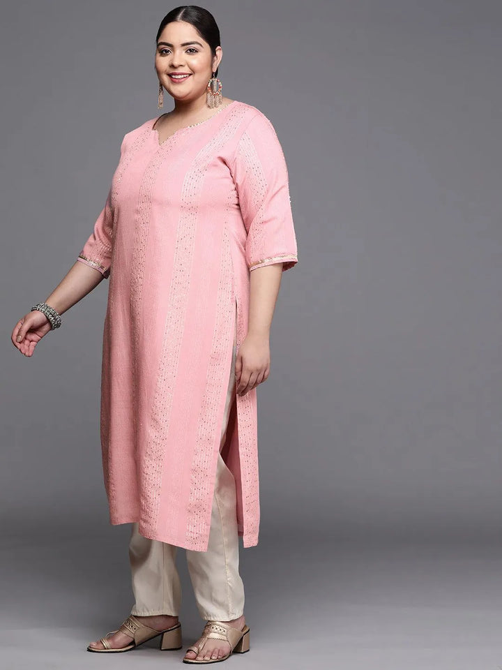 Plus Size Pink Embellished Chanderi Silk Kurta - Libas