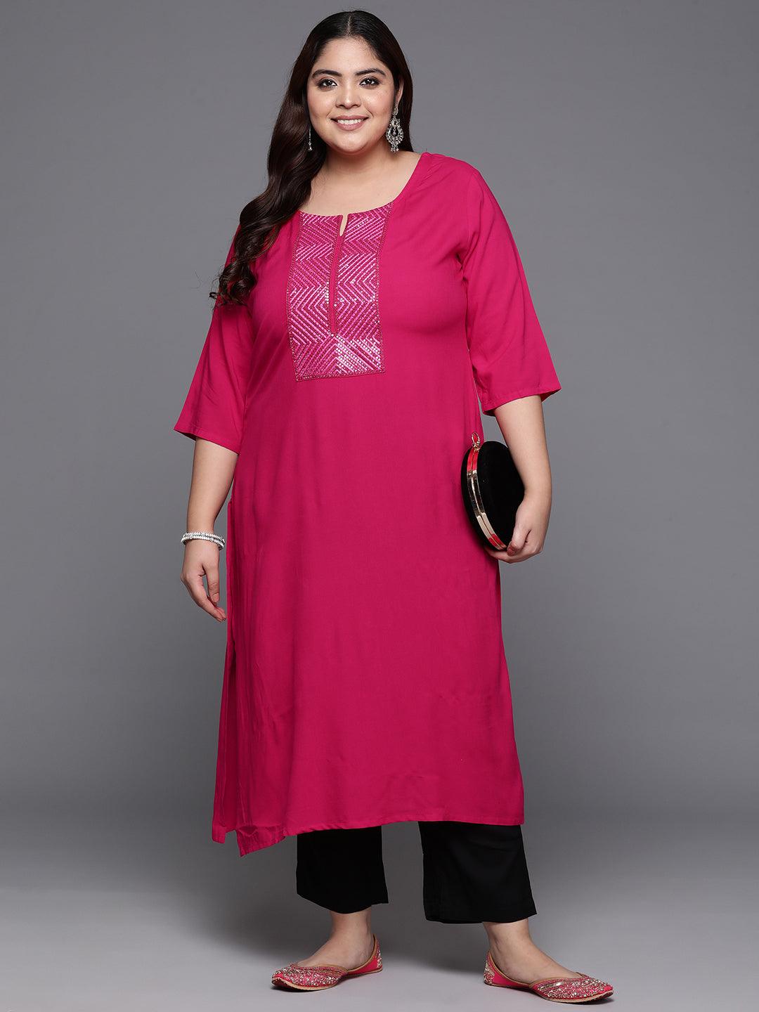 Plus Size Pink Embellished Rayon Straight Kurta - Libas