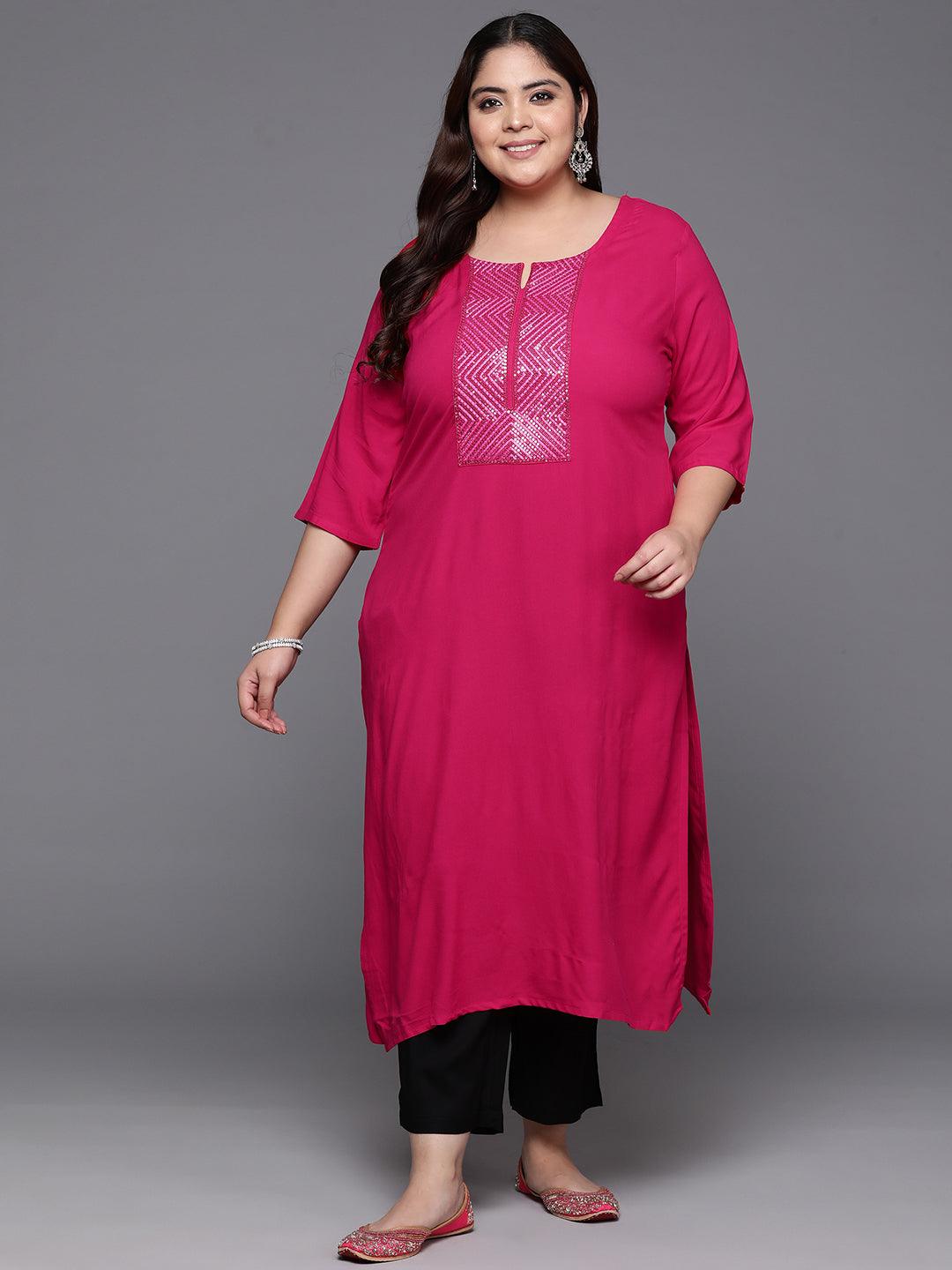 Plus Size Pink Embellished Rayon Straight Kurta - Libas