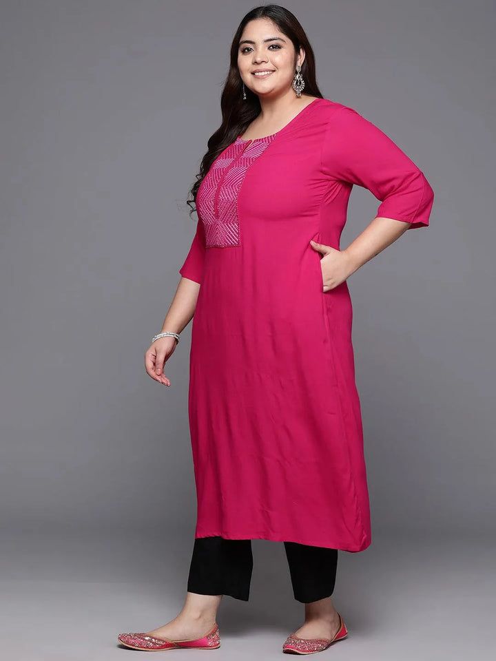 Plus Size Pink Embellished Rayon Straight Kurta - Libas