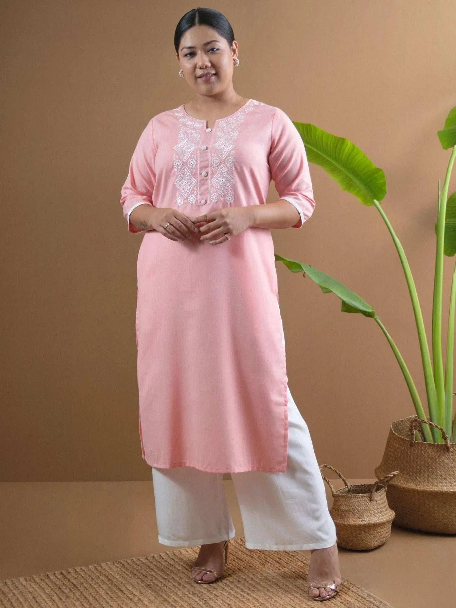 

Buy Plus Size Pink Embroidered Cotton Kurta - 11025-3XL | Libas Ethnic Wear Online