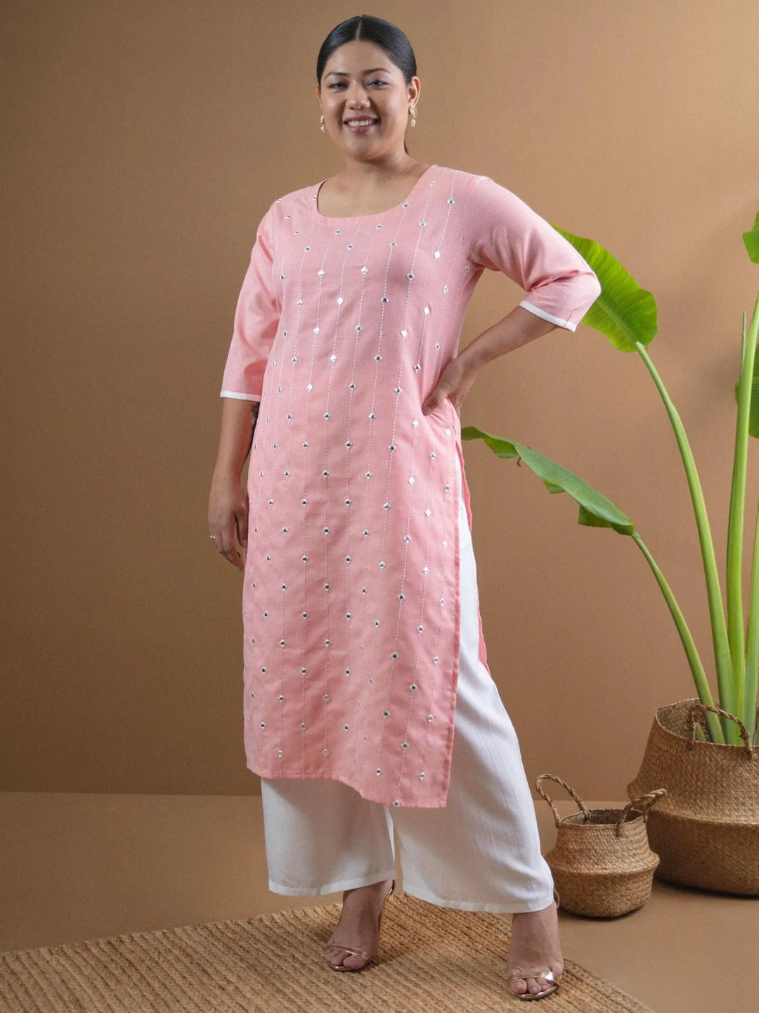 Plus Size Pink Embroidered Cotton Kurta - Libas 