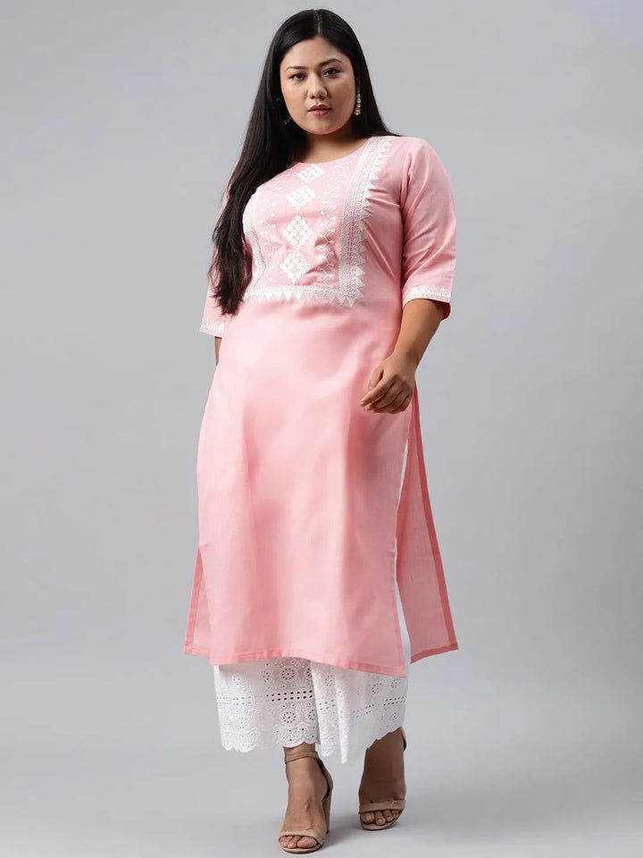 Plus Size Pink Embroidered Cotton Kurta - Libas