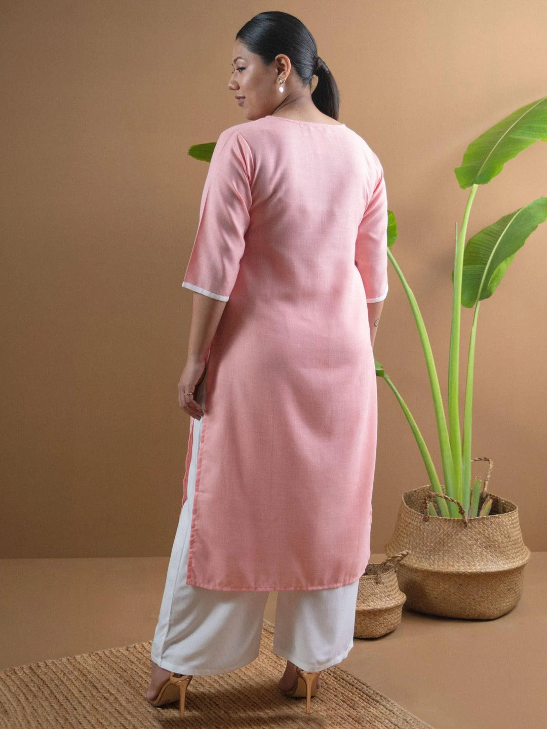 Plus Size Pink Embroidered Cotton Kurta - Libas