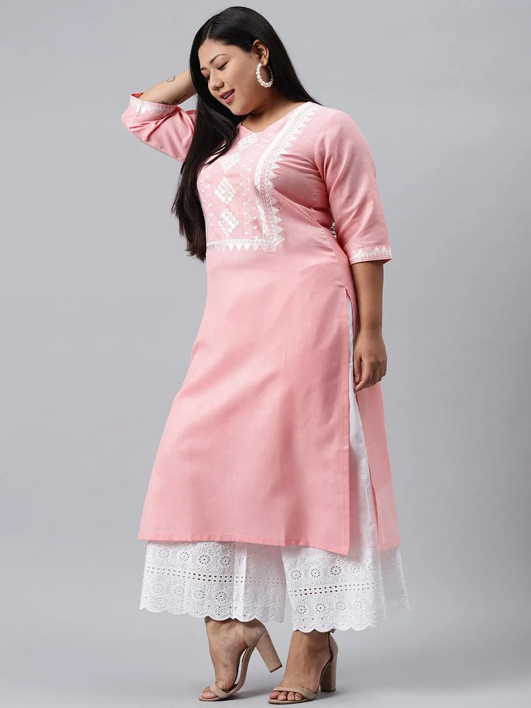 Plus Size Pink Embroidered Cotton Kurta - Libas 