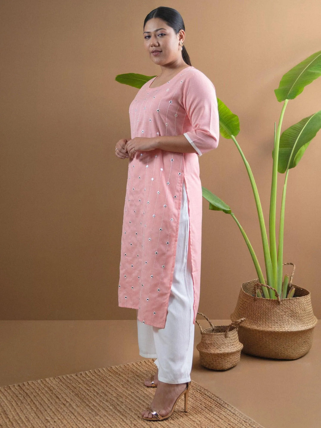 Plus Size Pink Embroidered Cotton Kurta - Libas 