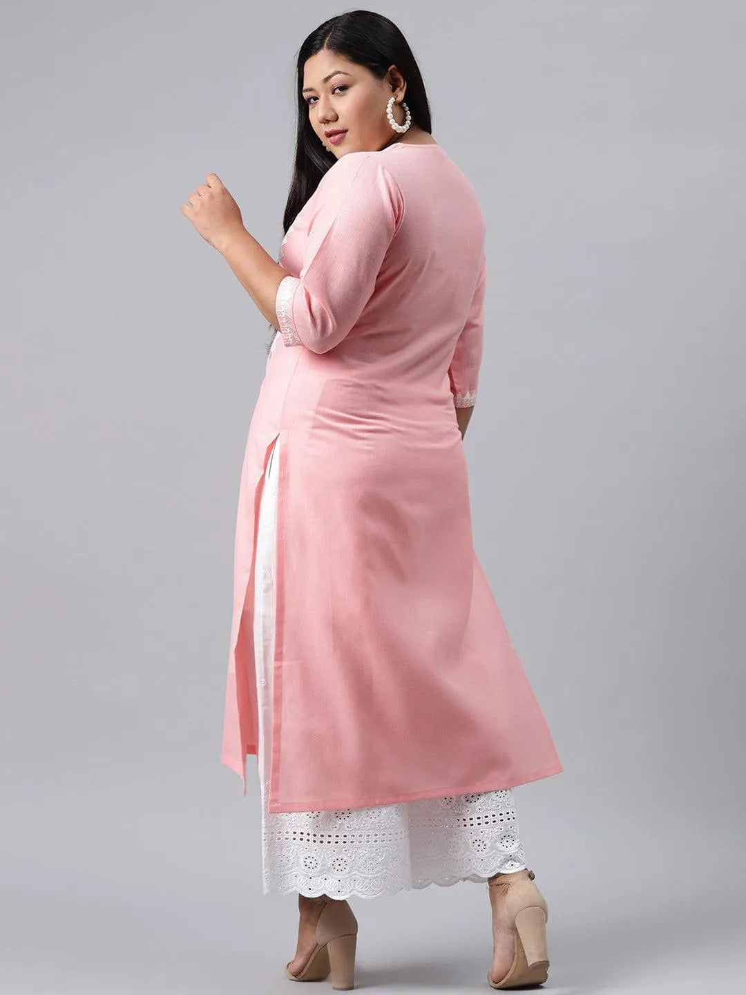 Plus Size Pink Embroidered Cotton Kurta - Libas