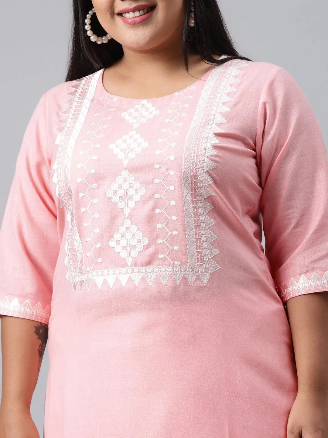 Plus Size Pink Embroidered Cotton Kurta - Libas 