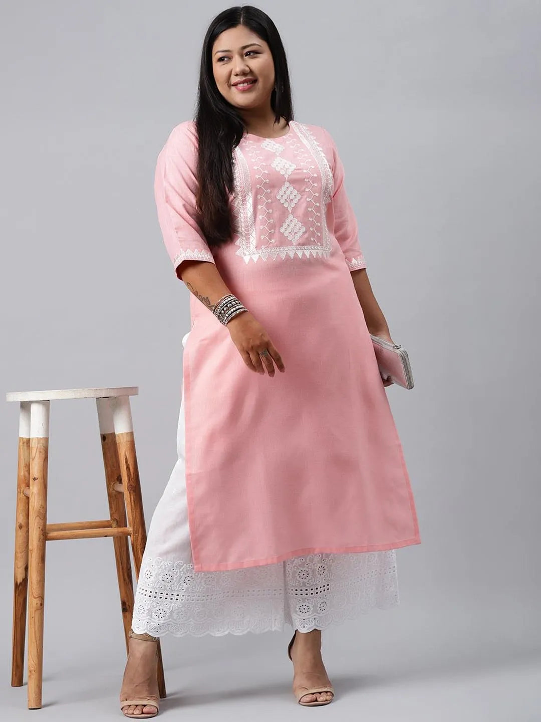 Plus Size Pink Embroidered Cotton Kurta - Libas 