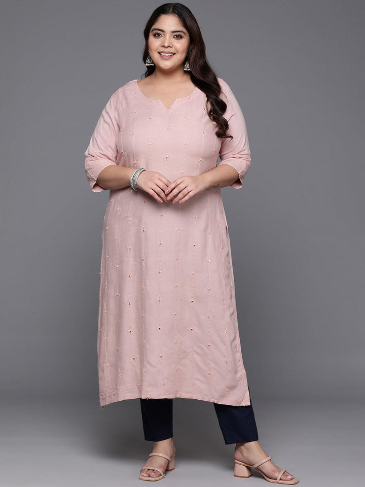 Plus Size Pink Embroidered Rayon Straight Kurta - Libas