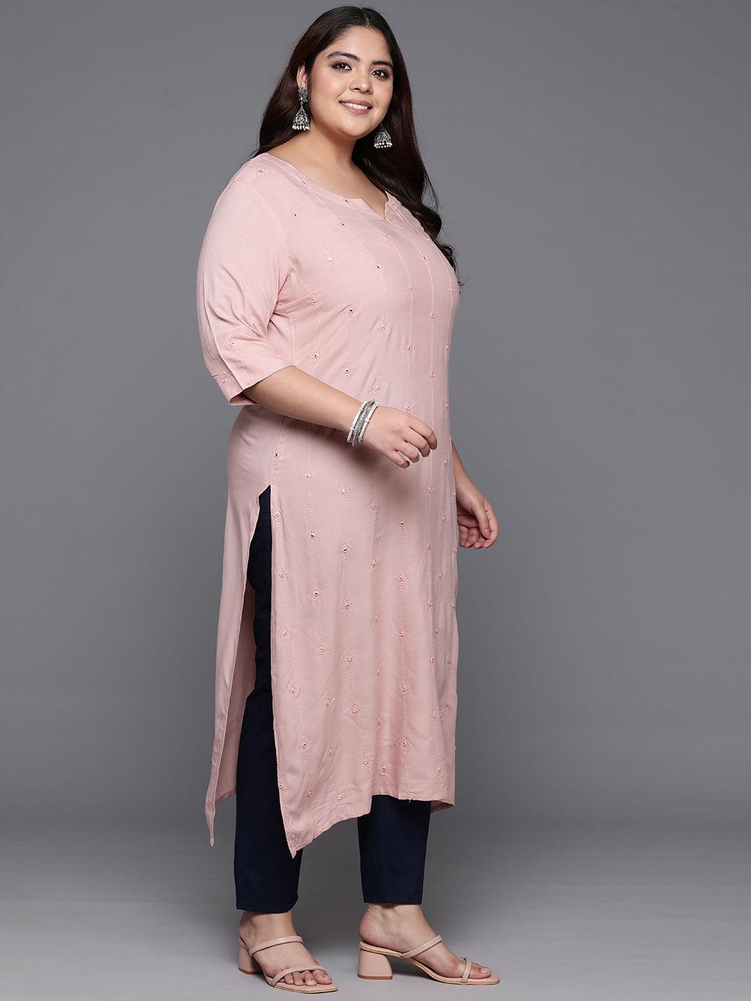 Plus Size Pink Embroidered Rayon Straight Kurta - Libas