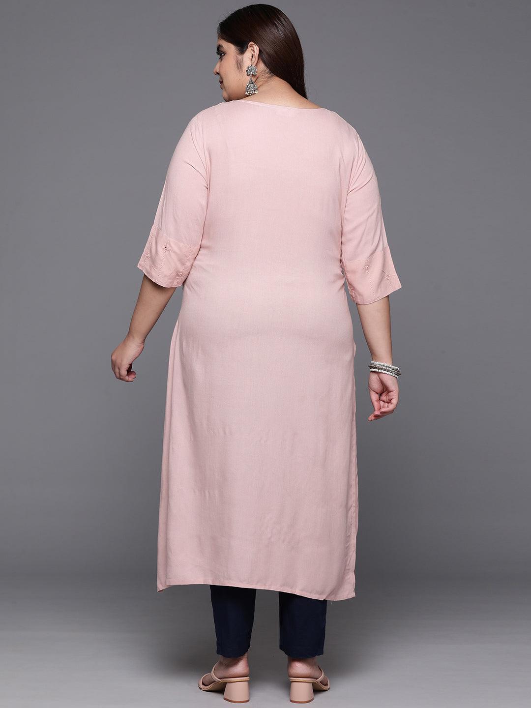 Plus Size Pink Embroidered Rayon Straight Kurta - Libas