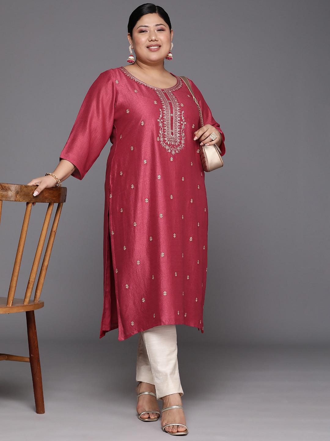 Plus Size Pink Embroidered Silk Straight Kurta - Libas