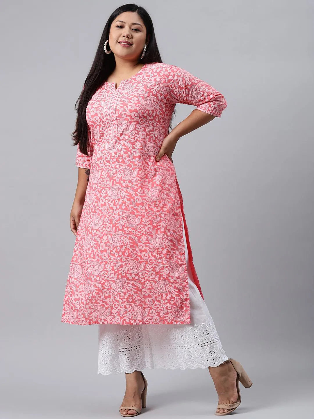 Plus Size Pink Printed Cotton Kurta - Libas 