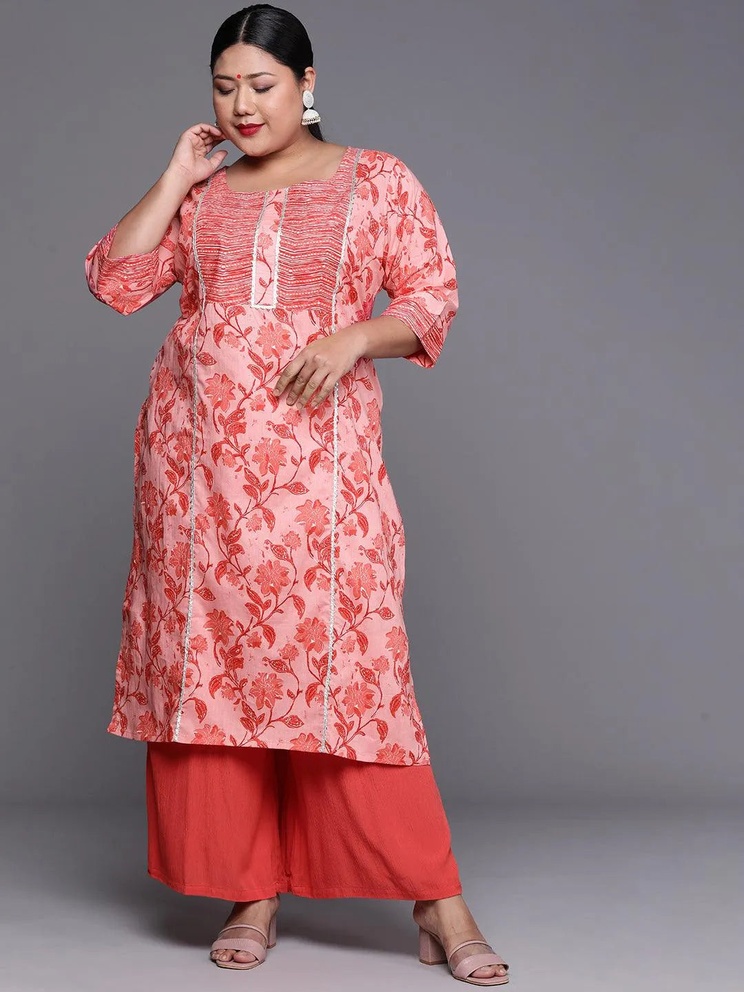 Plus Size Pink Printed Cotton Kurta - Libas