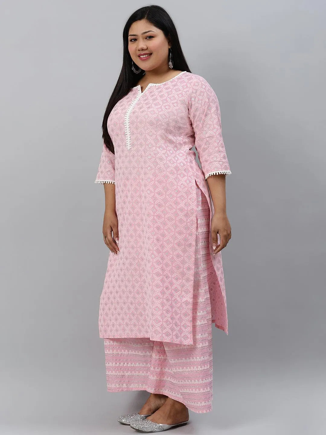 Plus Size Pink Printed Cotton Kurta - Libas