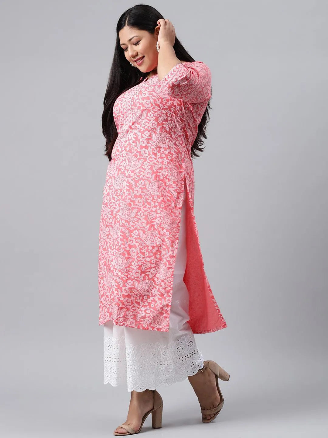 Plus Size Pink Printed Cotton Kurta - Libas 