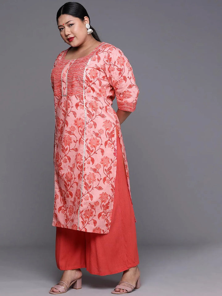 Plus Size Pink Printed Cotton Kurta - Libas