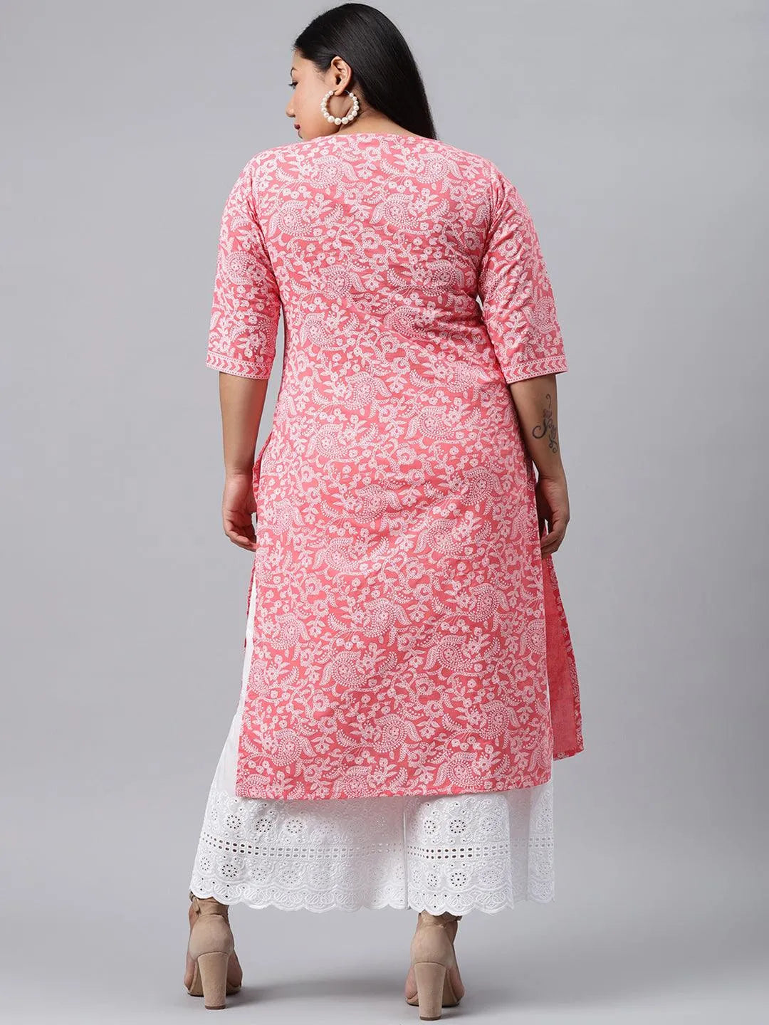 Plus Size Pink Printed Cotton Kurta - Libas 