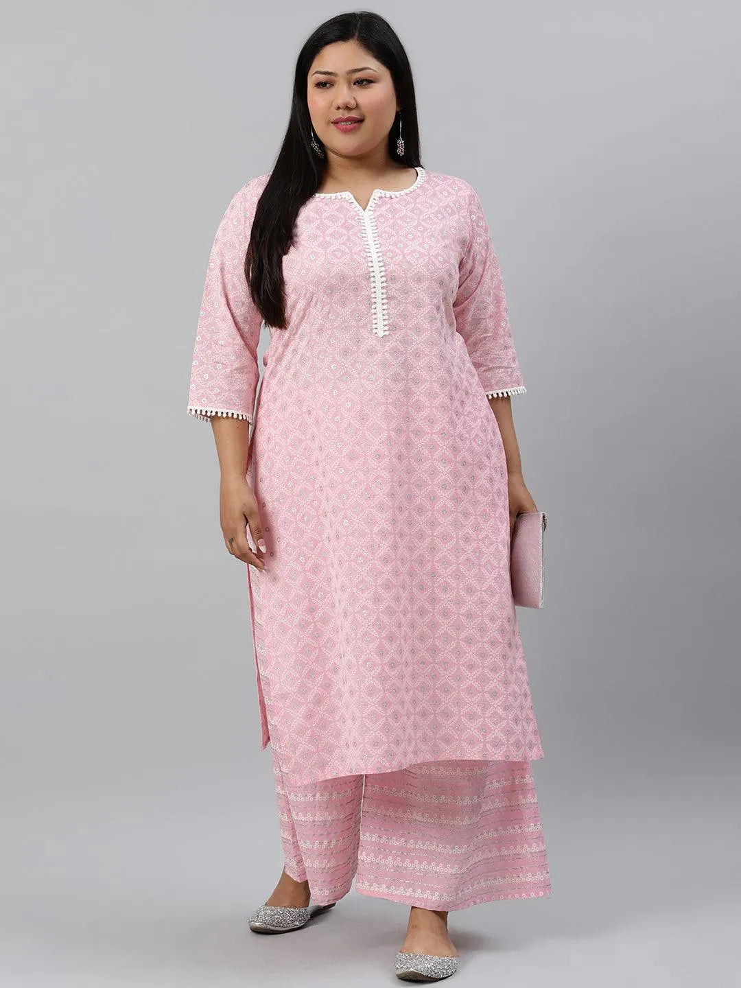 Plus Size Pink Printed Cotton Kurta - Libas