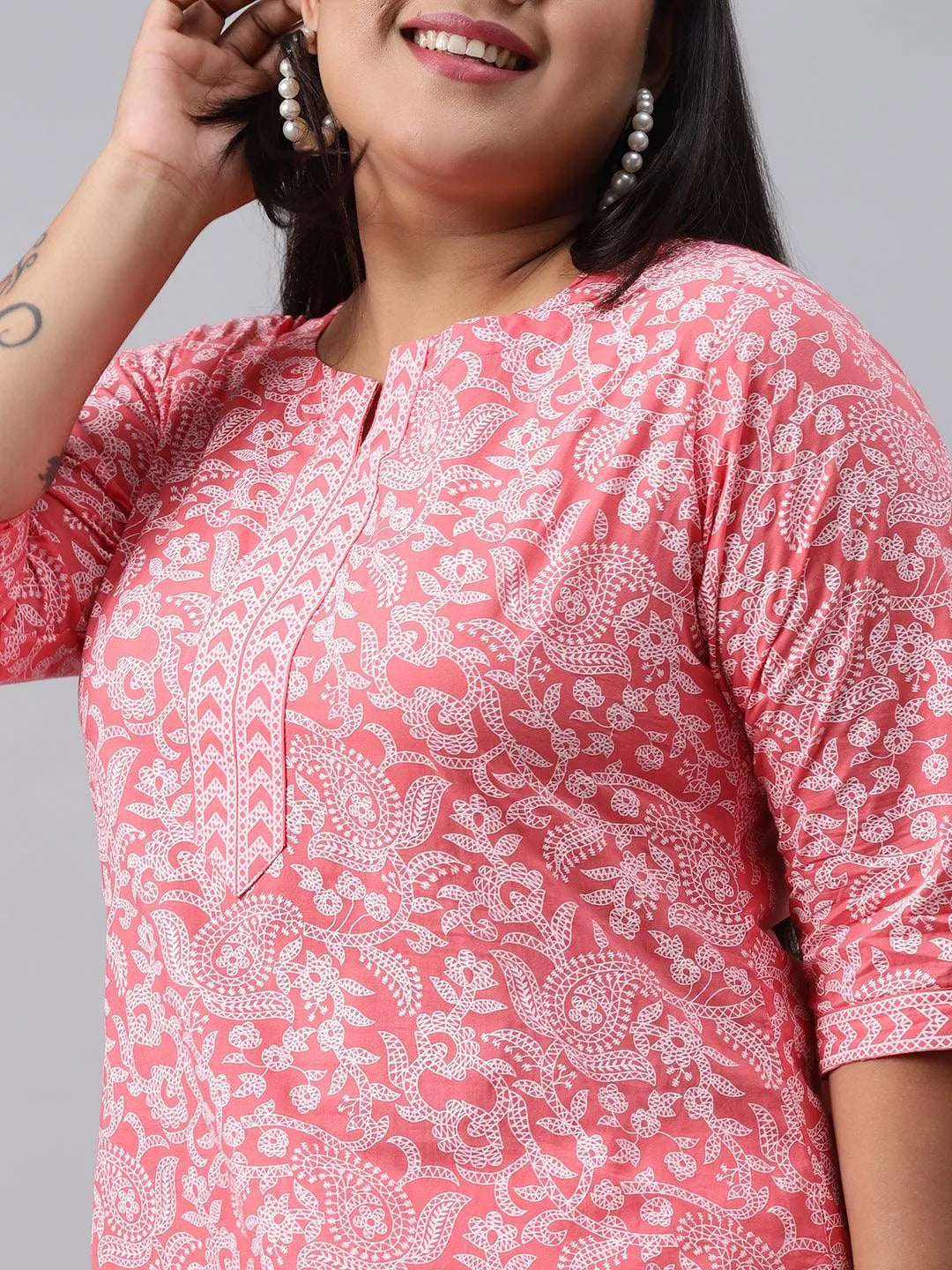 Plus Size Pink Printed Cotton Kurta - Libas 