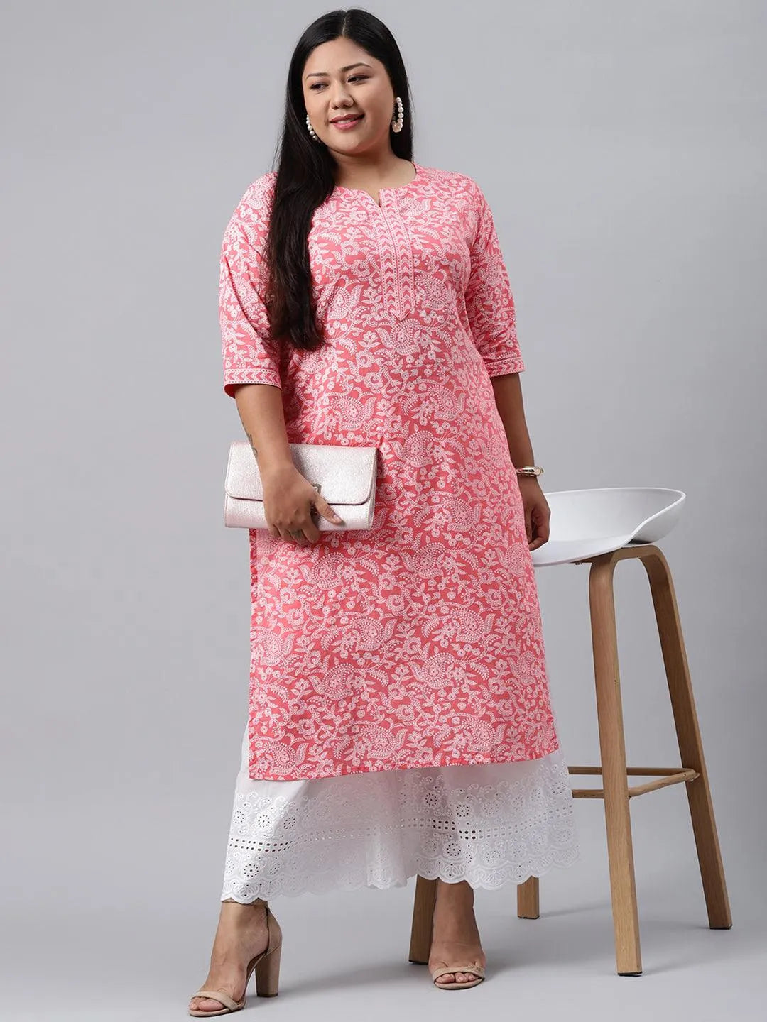 Plus Size Pink Printed Cotton Kurta - Libas