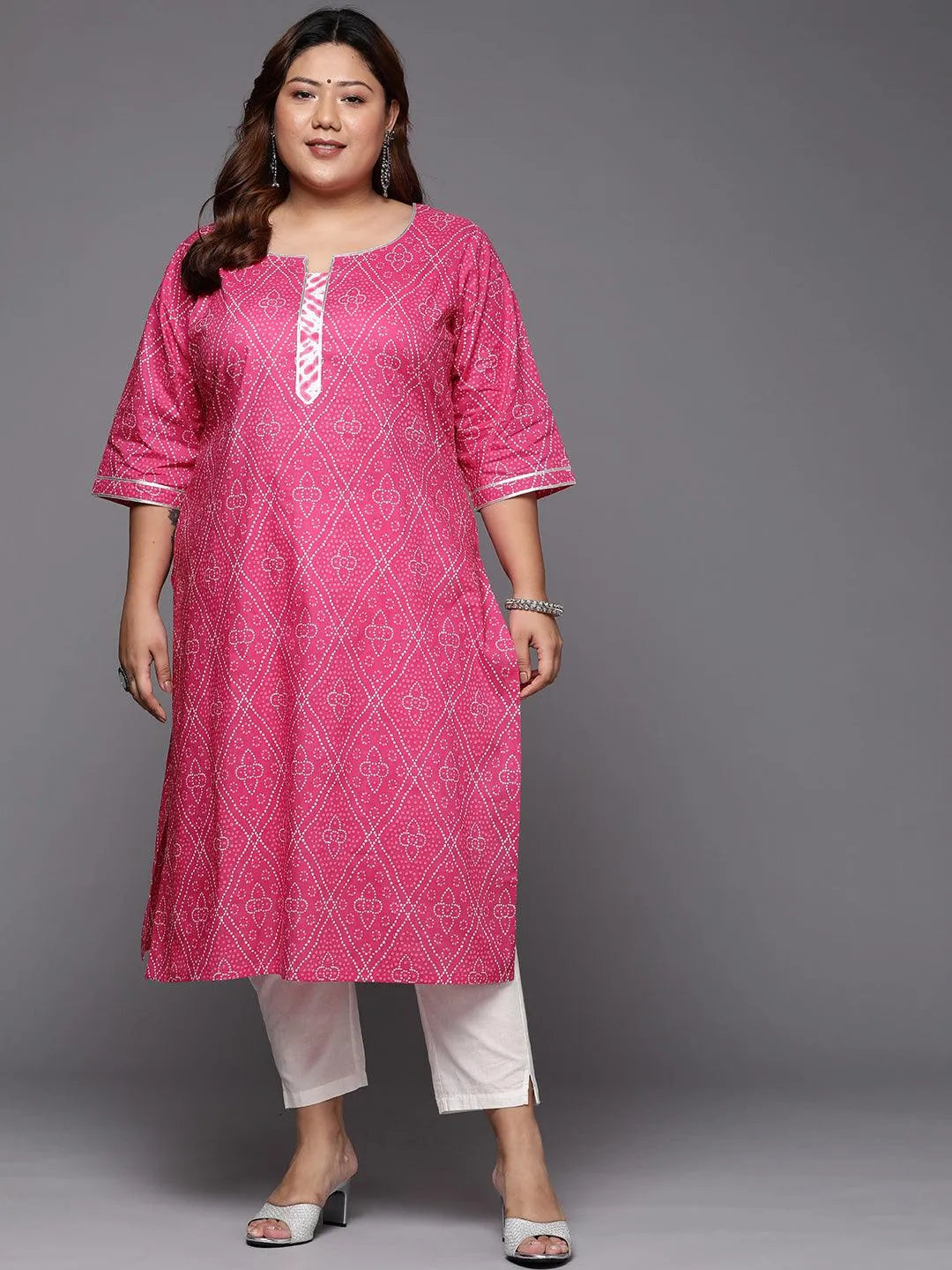 Plus Size Pink Printed Cotton Straight Kurta - Libas