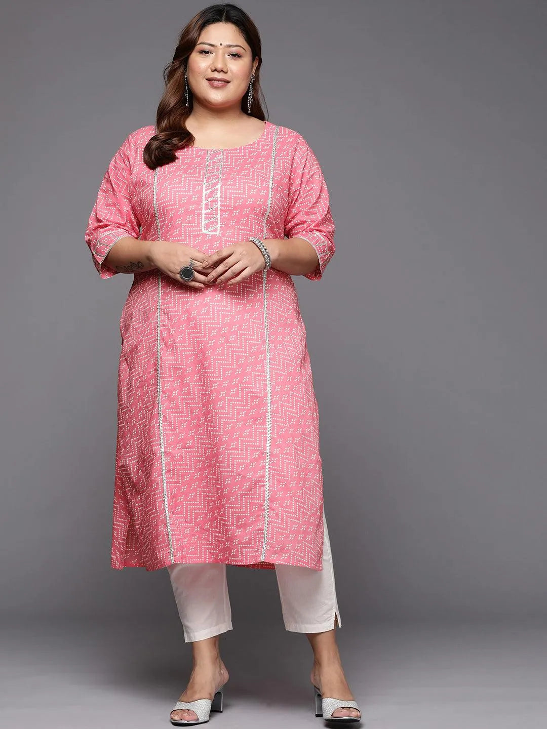 Plus Size Pink Printed Cotton Straight Kurta - Libas