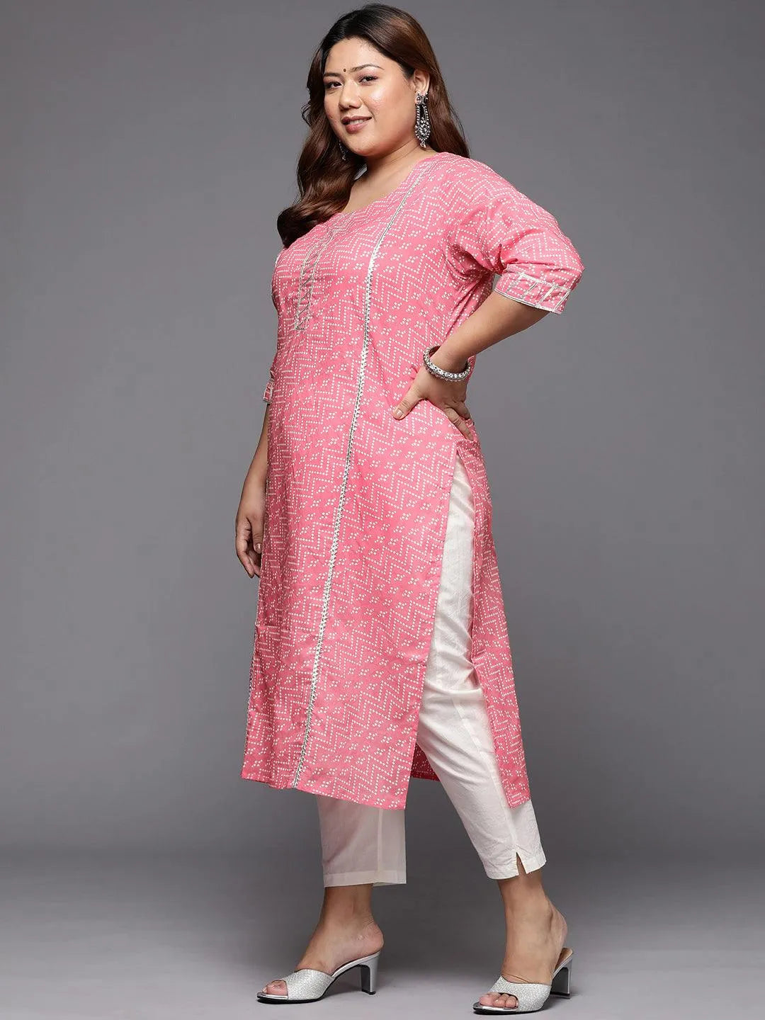 Plus Size Pink Printed Cotton Straight Kurta - Libas