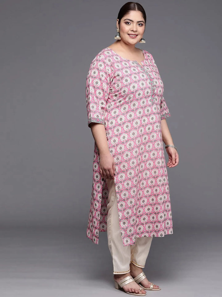 Plus Size Pink Printed Cotton Straight Kurta - Libas