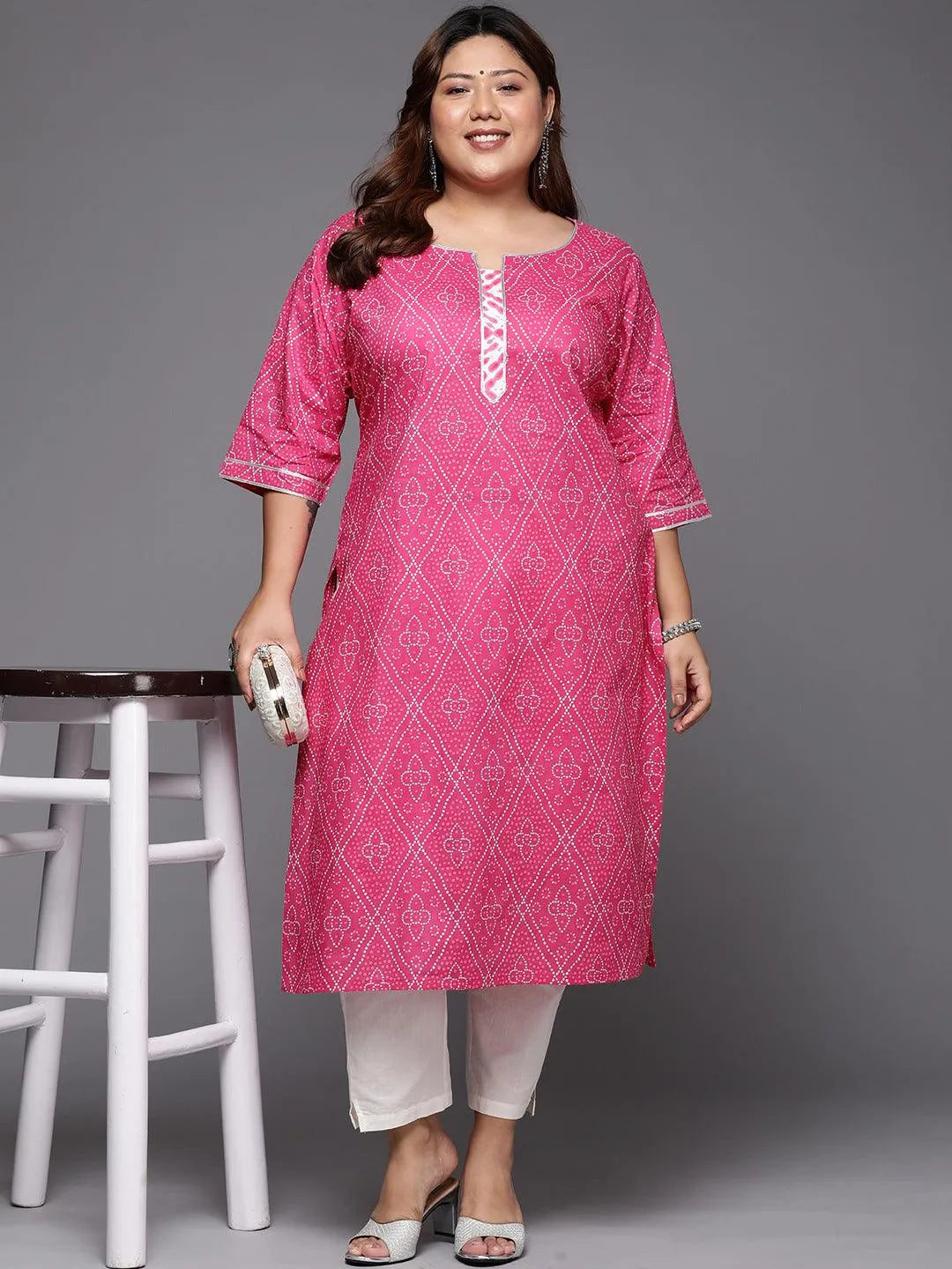 Plus Size Pink Printed Cotton Straight Kurta - Libas