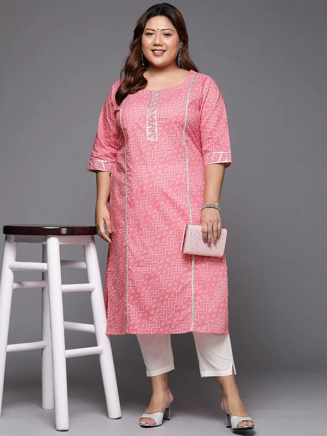 Plus Size Pink Printed Cotton Straight Kurta - Libas