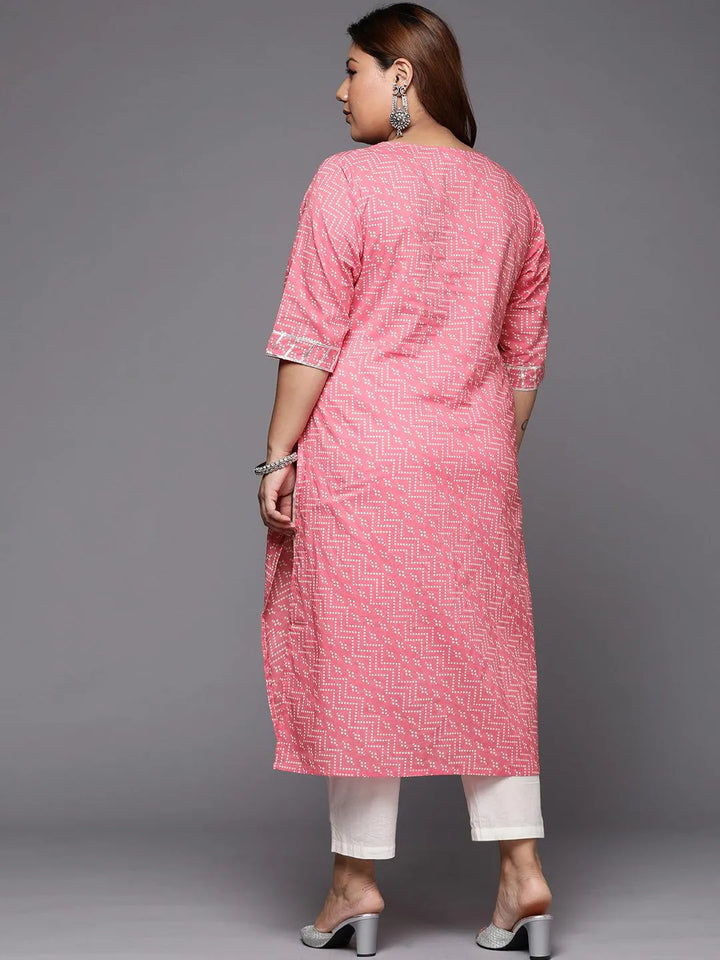 Plus Size Pink Printed Cotton Straight Kurta - Libas