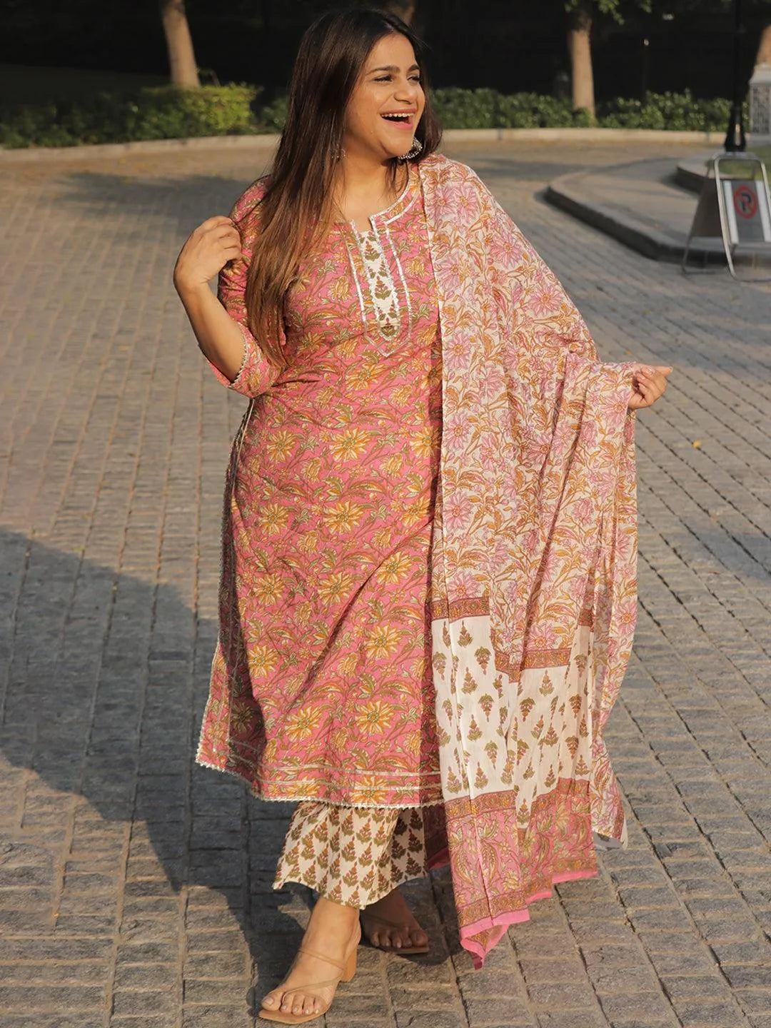 Plus Size Pink Printed Cotton Suit Set - Libas 