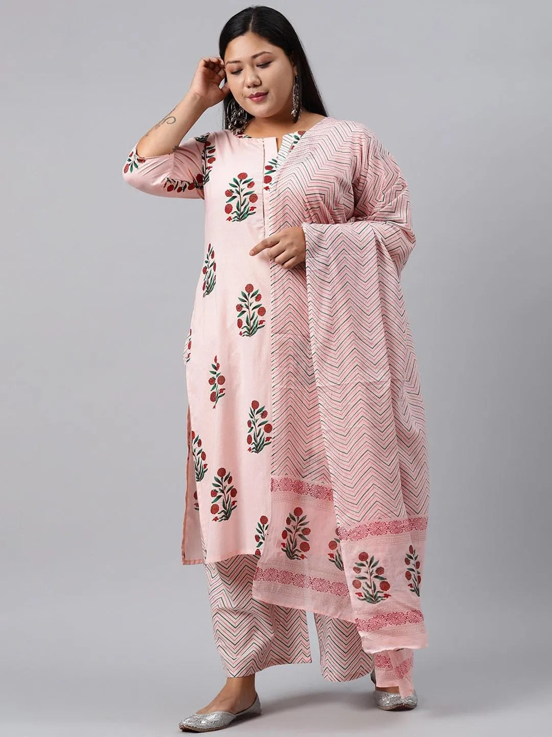 Plus Size Pink Printed Cotton Suit Set - Libas 