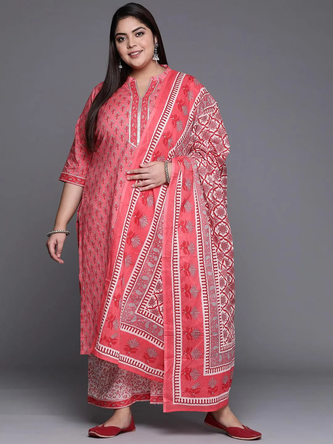 Plus Size Pink Printed Cotton Suit Set - Libas 