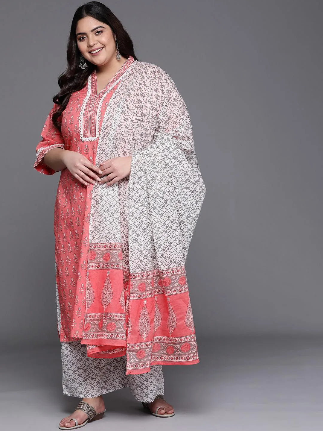 Plus Size Pink Printed Cotton Suit Set - Libas 