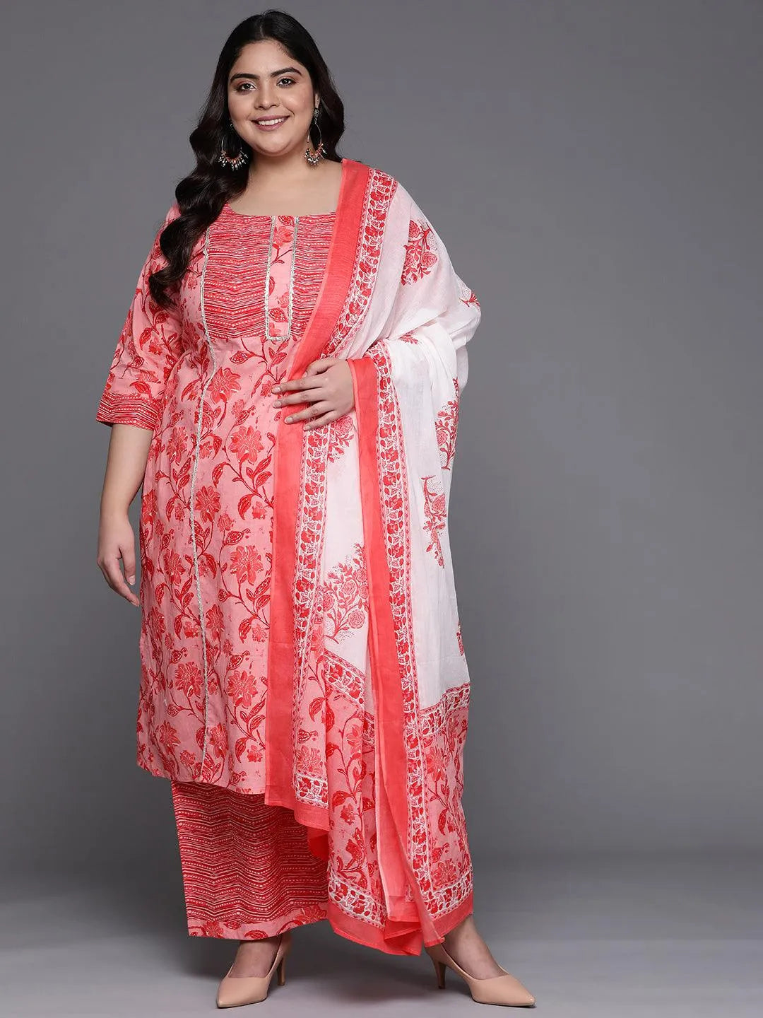 Plus Size Pink Printed Cotton Suit Set - Libas