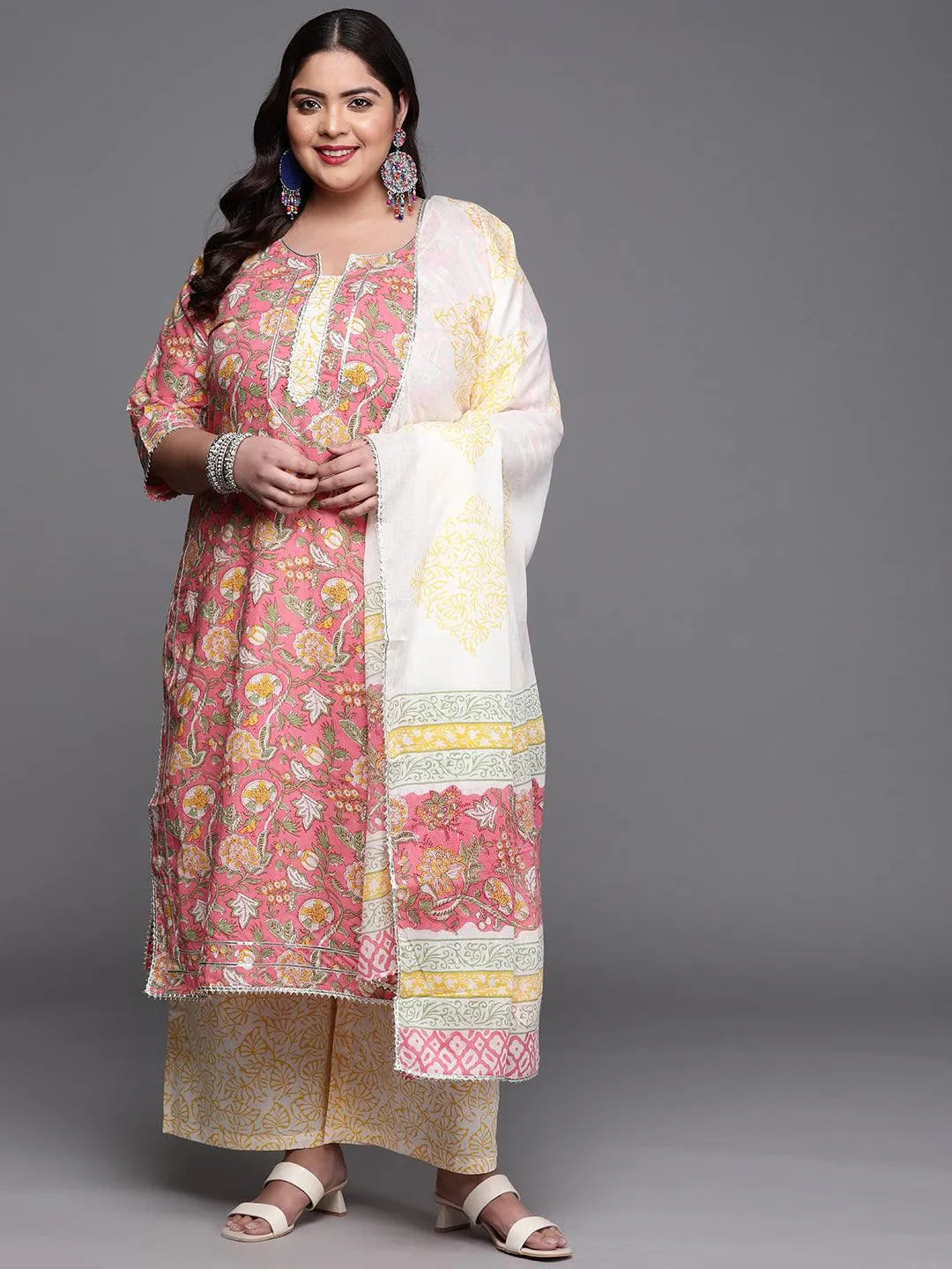 Plus Size Pink Printed Cotton Suit Set - Libas