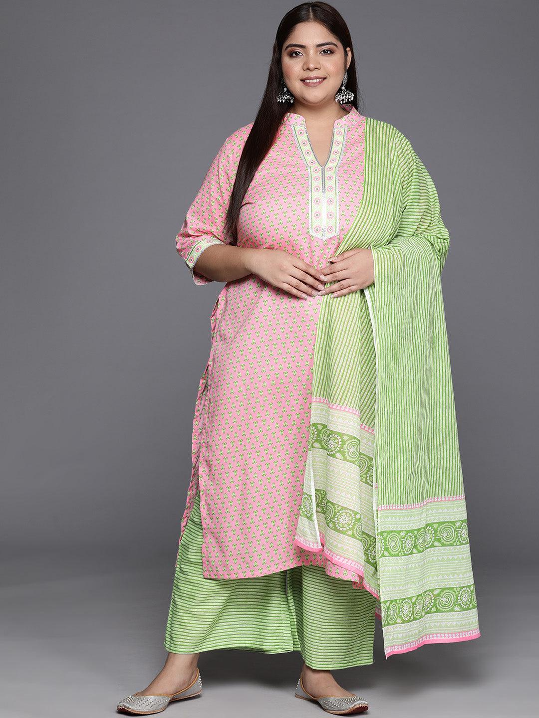 Plus Size Pink Printed Cotton Straight Kurta With Palazzos & Dupatta - Libas 