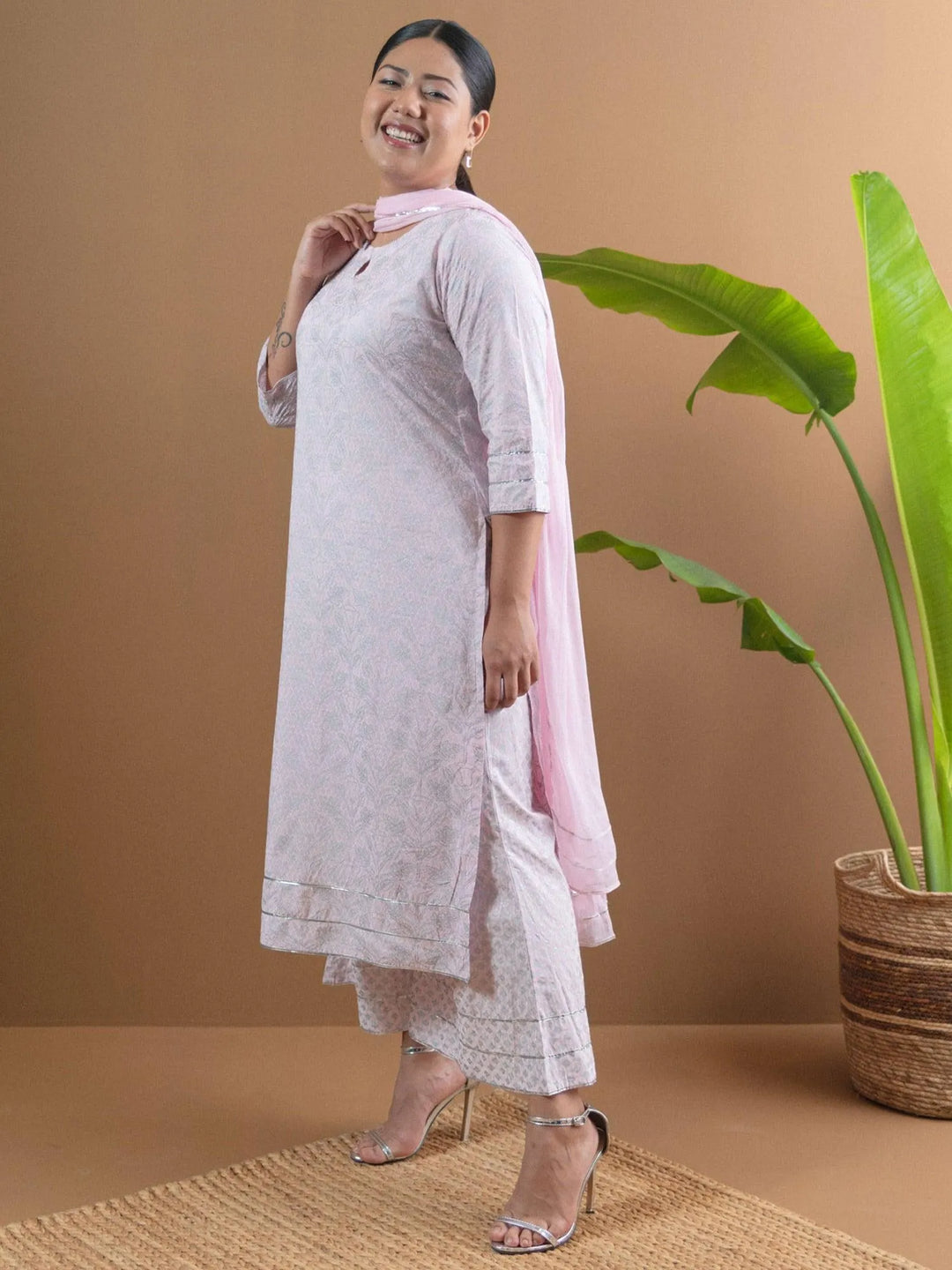 Plus Size Pink Printed Cotton Suit Set - Libas 