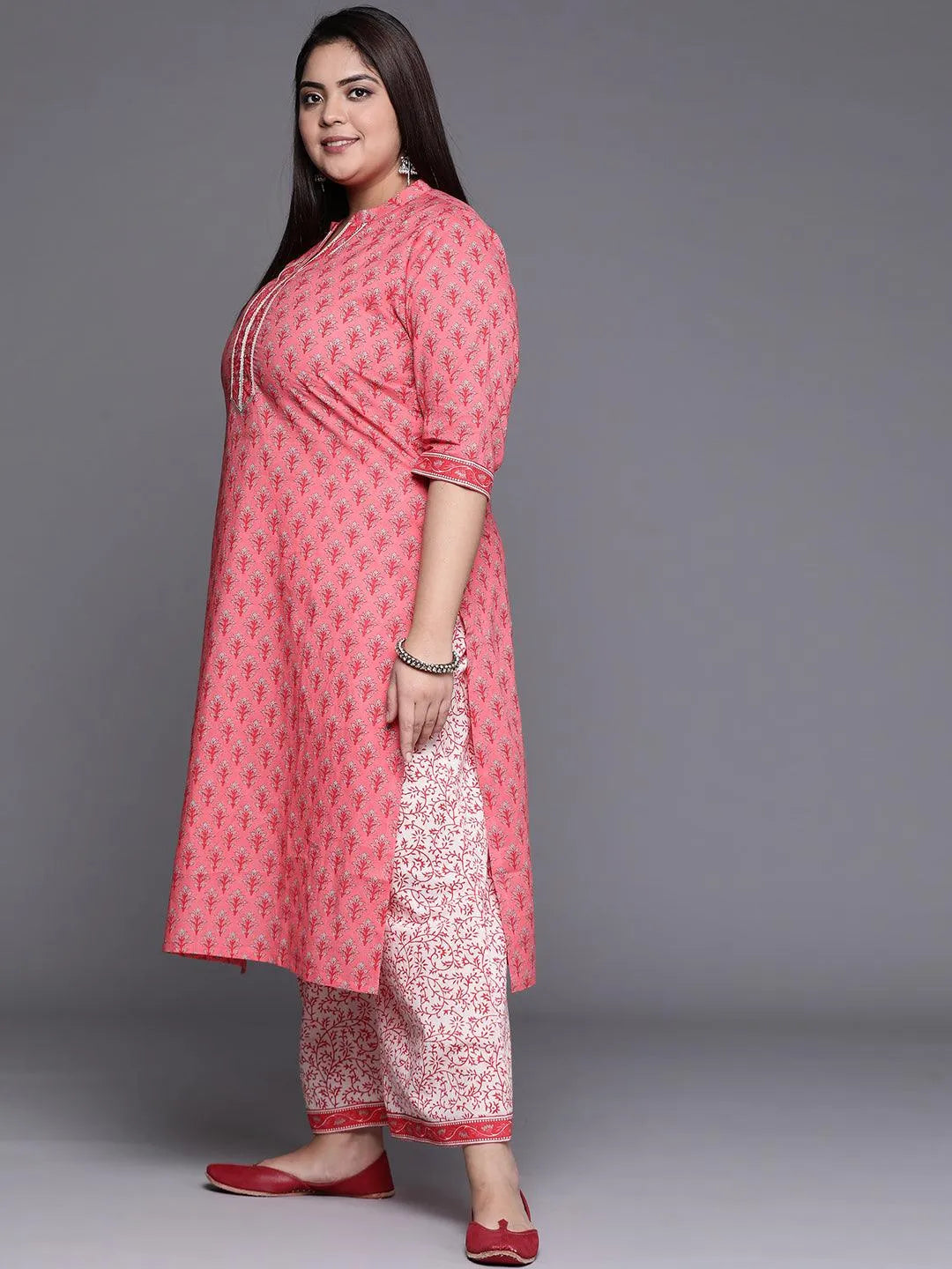 Plus Size Pink Printed Cotton Suit Set - Libas