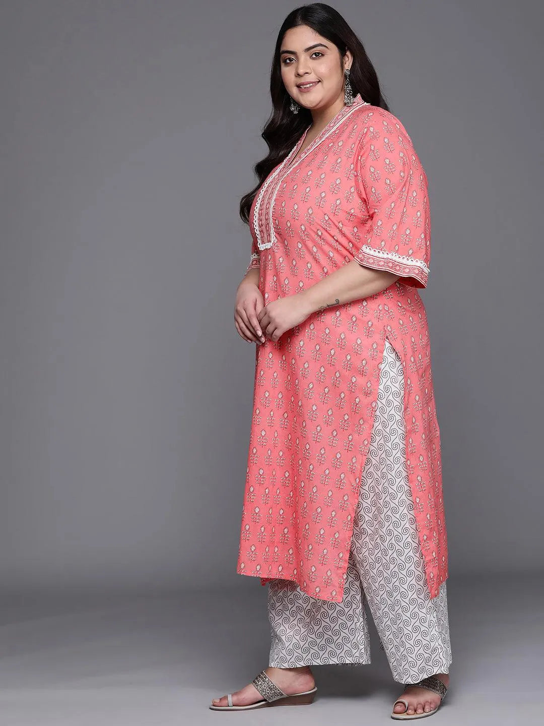 Plus Size Pink Printed Cotton Suit Set - Libas 