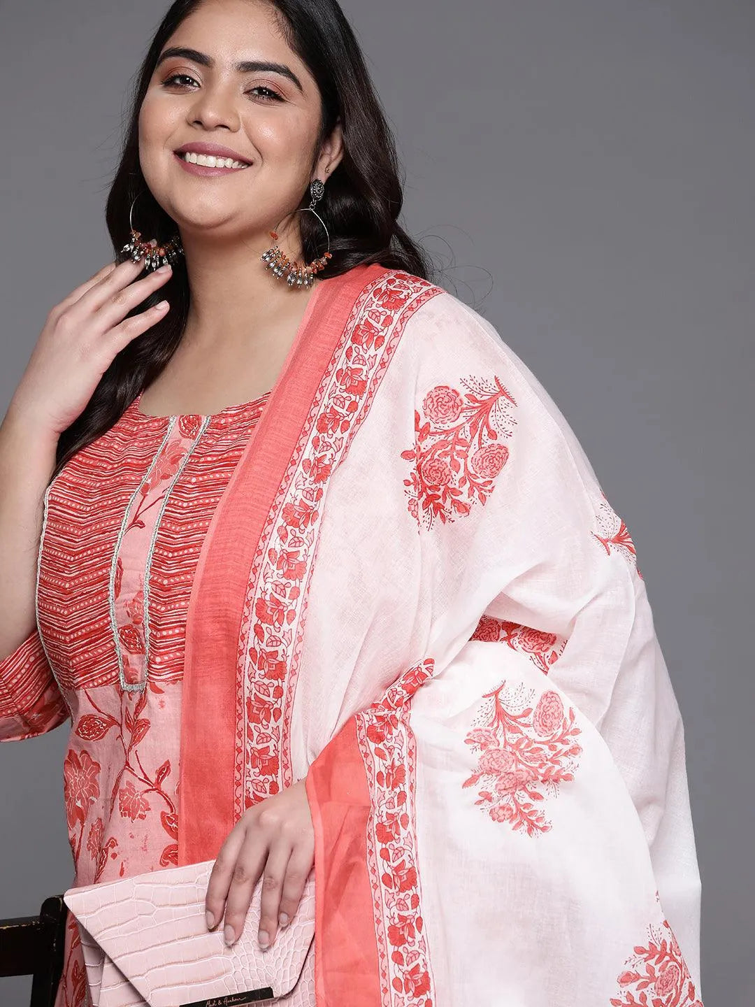 Plus Size Pink Printed Cotton Suit Set - Libas