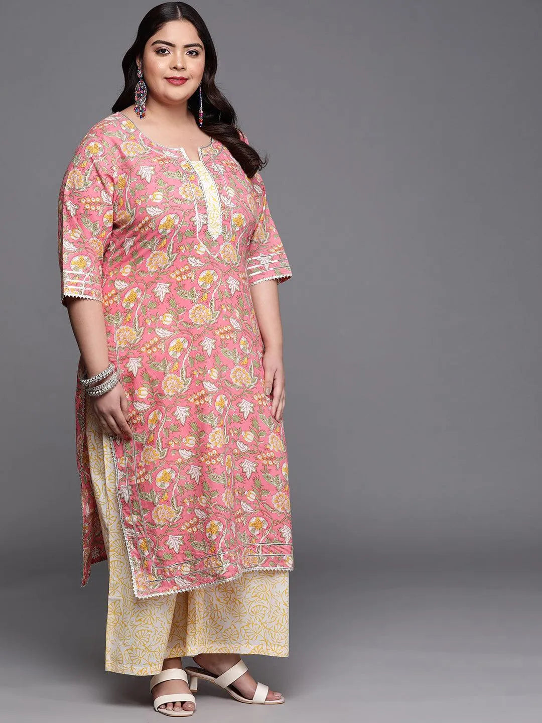 Plus Size Pink Printed Cotton Suit Set - Libas